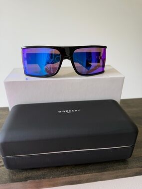 Givenchy Unisex Black Sunglasses with Blue-Purple Mirrored Lenses